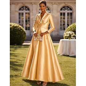A-Linie Bodenlang Kleid für Hochzeitsgäste Abendkleid Flattriges Kleid Brautmutterkleid Langarm Hemdkragen Elegant Formell Hochzeitsgast Satin mit Gerafft