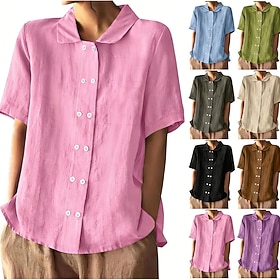 Women's Linen-Feel Shirts Linen Shirt Summer Shirt Button U…