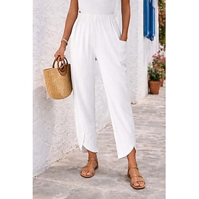 Women's Cotton Linen Pants Summer Pants Pants Trousers Casual Daily Ankle-Length Plain Side Pockets Elastic Waistband Breathability Comfortable Inelastic Weeke