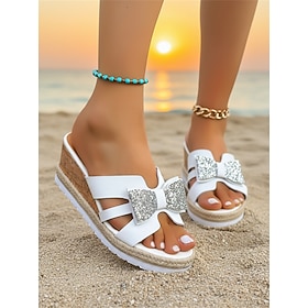 sandali da donna con zeppa bianca e fiocco glitterato argento: eleganti espadrillas con plateau in stile resort, comode per le vacanze al mare e le vacanze est