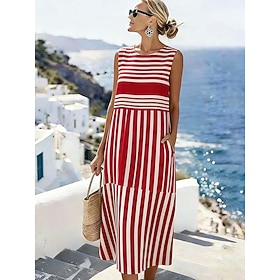 Women's Midi Dress Linen Like Sundress Shift Dress Vacation Casual Beach Going out Regular Fit Graphic Geometric Sleeveless Crewneck Blue Yellow Red Summer Spr