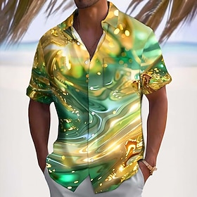 Men's Geometric Dazzle Color Abstract Liquid Art Shirt Summer Shirt Button Up S…