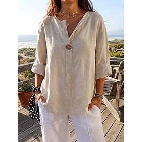 Per donna Camicie di lino Blusa Semplice Elegante Moderno Casual Manica Lunga Scollo a V Top Regolari Quotidiano Ferie Uscire Patchwork Nero Bianco Bl