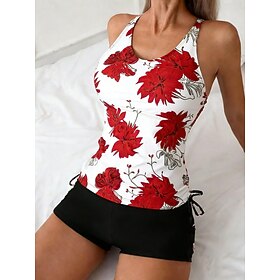 Women's Swimwear Tankini 2 Piece Shorts Swimsuit Tummy Control High Waist Slim Backless Vacation Beach Wear Floral Leaves U Neck Sleeveless Bathing Suits
