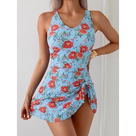 Women's Swimwear One Piece Monokini Swim Dress Burkini Swimsuit Tummy Control High Waist Slim Backless Vacation Beach Wear Floral Graphic V Neck Sleeveless Bat