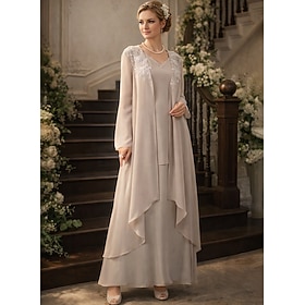 Two Piece Floor Length Wedding Guest Dress Mother of the Bride Dress Long Sleeve V Neck Elegant Formal Wedding Guest Chiffon with Ruffles Appliques