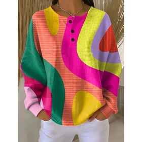 Women's Hoodies Buttons Graphic Geometric Color Block Fashion Casual Print Long Sleeve Crew Neck Round Neck Regular Tops Casual Street Blue Pink Orange Green S