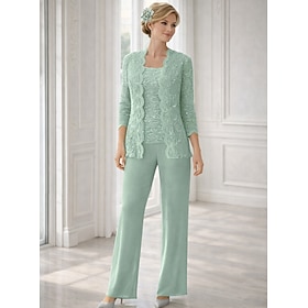 Pantsuit Floor Length Mother of the Bride Dress 3/4 Length Sleeve Square Neck Elegant Simple Wedding Guest with Solid Color