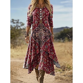 Women's Midi Dress Boho Shift Dress Vacation Party Casual Daily Holiday Regular Fit Graphic Geometric Paisley Long Sleeve Crew Neck Black Pink Red Orange Summe