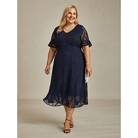 Women's Midi Dress Chiffon Dress A Line Dress Elegant Flutter Sleeve Daily Beach Wedding Guest Lace up Regular Fit Floral Half Sleeve Crew Neck Navy Blue
