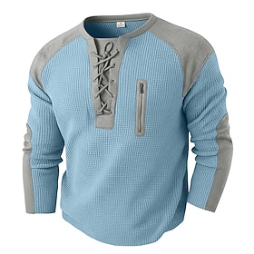 Herre Vaffel T-skjorte T skjorte Langermet Rund hals Snøring i halsen Høst Høst vinter Helfarge Fargeblokk Tradisjonell / vintage Fritid Snorer Hjem u