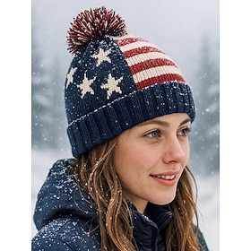 United States 250th Anniversary Unisex Patriotic Knit Beanie Hat with Pom Pom, Stars  Stripes American Flag Design, Soft Winter Knit Cap, Casual Festival Style