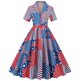 250th Anniversary USA 1950s Retro Vintage Midi Dress Swing Dress Flare Dress Short Sleeves USA Flag Fit  Flare Swing Fancy Dress Women's 4th of July Independen