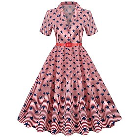 250th Anniversary USA 1950s Retro Vintage Midi Dress Swing Dress Flare Dress Short Sleeves USA Flag Fit Flare Swing Fancy Dress Women's 4th of July Independen