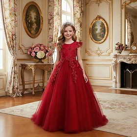 Abito da damigella d'onore bambina Ragazze Abito formale Abiti da sposa Feste Matrimonio Formale Moda Principessa Bello Rete Tinta unica Senza Maniche Girocoll