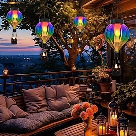 1 Pc Outdoor Solar Waterproof Colorful Glass Metal Hot Air Balloon Lantern, LED Simulated Flame Light, Garden Yard Farm Tree Decor, Landscape Lighting, Outdoor