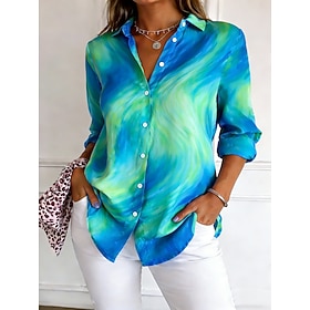 Women's Shirt Button Down Shirt Casual Shirt Beach Shirt Print Graphic Stylish Classic Casual Long Sleeve Shirt Collar Regular Tops Daily Holiday Going out Blu