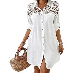 Women's Mini Dress White Dress Beach Dress Black Dress Shirt Dress Elegant Fashion Classic Daily Outdoor Beach Loose Fit Plain Long Sleeve Shirt Collar Black W