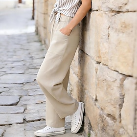 Per donna Pantaloni in cotone e lino Pantaloni Eleganti Vacanza Moda Casual Quotidiano Lunghezza intera Misura del girovita medio Semplice Tasca Baggy Comodità