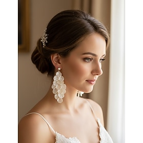 Women's Layered Petal Drop Earrings with Pearl-Finish Acrylic, Elegant Floral Statement Style Jewelry for Women, Lightweight Long Dangle Earrings Perfect for B