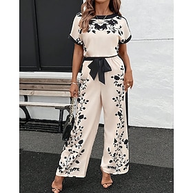 Per donna Tuta Elegante Floreale Manica Corta Gamba larga Girocollo Patchwork Stampato Quotidiano Vacanza Vestibilità regolare Albicocca Estate