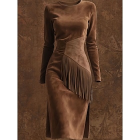 Women's Midi Dress Long Dress Maxi Dress Vintage Dress Faux Suede Dress Vintage Fashion Daily Outdoor Vacation Regular Fit Plain Long Sleeve Crew Neck Black Br