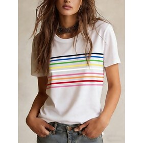 Women's T Shirt Tee Top Print Graphic Striped Stylish Classic Casual Short Sleeve Crew Neck Regular Tops Daily Sports Going out White Summer Spring