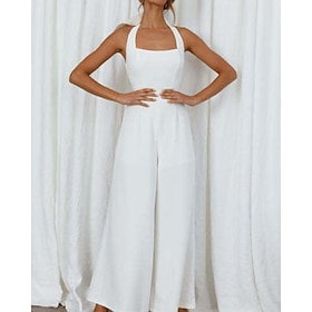 Per donna Normale Tuta Elegante Tinta unica Senza Maniche Gamba larga All'americana Senza schiena Quotidiano Vacanza Vestibilità comoda Bianco Verde chiaro Ros