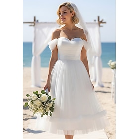 Abito da ballo Linea ad A Lunghezza Tè Abito Bianco Abiti da sposa Abito da sposa Piccoli Abiti Bianchi Senza Maniche Scollo a Cuore Matrimonio Laurea Tulle co