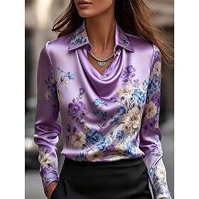 Women's Shirt Elegant Satin Top Silky Tops Print Draped Floral Graphic Elegant Stylish Casual Long Sleeve Cowl Neck Regular Tops Daily Work Holiday Pink Red Pu