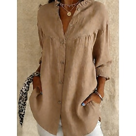 Women's Shirt Linen-feel Shirts Casual Shirt Blouse Patchwork Buttons Plain Stylish Classic Modern Long Sleeve Stand Collar Regular Tops Daily Holiday Going ou