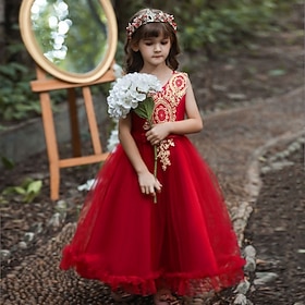 Abito da damigella d'onore bambina Ragazze Abito formale Abiti da sposa Feste Matrimonio Formale Elegante Moda Principessa Rete Tinta unica Senza Maniche A V R
