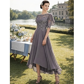 A-Line Asymmetrical Tea Length Party Dress Cocktail Dress Wedding Guest Dress Mother of the Bride Dress Half Sleeve Scoop Neck Elegant Formal Wedding Guest Chi