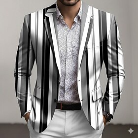 Men's Stripe Blazer Jacket Coat Comfortable Breathable Artistic Casual Casual Daily Party Evening Wear 3D Print Buttons Multi Pocket Fall Winter Spring Notch