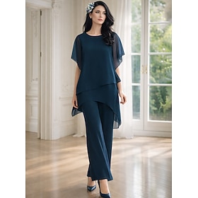 Pantsuit Asymmetrical Mother of the Bride Dress Short Sleeve Shirt Collar Elegant Formal Wedding Guest Formal Evening Chiffon with Solid Color