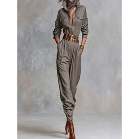 Per donna Normale Tuta Elegante Tinta unica Manica Lunga Colletto a Camicia Tasca Bottoni Quotidiano Casa Vestibilità regolare Grigio Primavera