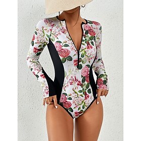 Women's Swimwear One Piece Monokini Swimsuit Tummy Control High Waist Slim Vacation Beach Wear Floral Round Neck Long Sleeve Bathing Suits