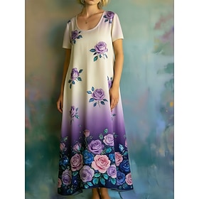 Per donna Abito lungo maxi Vestito Casual Vintage Quotidiano All'aperto Spiaggia Vestibilità regolare Floreale Manica Corta Collo a U Viola Estate Primavera