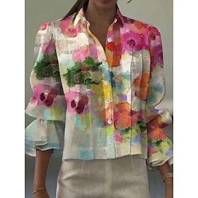 Women's Shirt Linen Like Breathable Lightweight Floral Graphic Elegant Bohemia Vintage Long Sleeve Regular Tops Daily Work Holiday Ruffle Pink Summer Spring