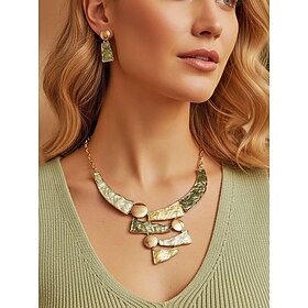 Women's Bohemian Alloy Statement Necklace Earrings Set, Multi-Color Textured Geometric Jewelry, Elegant Boho Style Accessories for Women, Perfect for Casual W