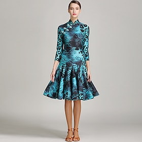Women's Latin Dance Dress Cheongsam Style Mandarin Collar Blue Animal Print Knee Length Skirt Salsa Cha Cha Rumba Party Costume