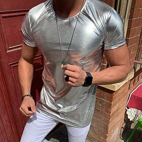 Men's Faux Leather T Shirt Bright Colors Tee Top Short Sleeve Crew Neck Summer Plain Fashion Punk Designer Basic Casual Vacation Street Silver Black Top Tee fo