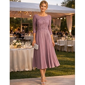 A-Line Ankle Length Party Dress Cocktail Dress Wedding Guest Dress Mother of the Bride Dress 3/4 Length Sleeve Crew Neck Elegant Wedding Guest Engagement Party