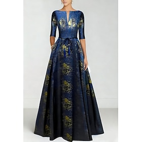 Blue Jacquard Brocade A-Line Evening Gown Elegant Formal Dress Formal Wedding Floor Length Short Sleeve V Neck Nylon with Slit Pocket