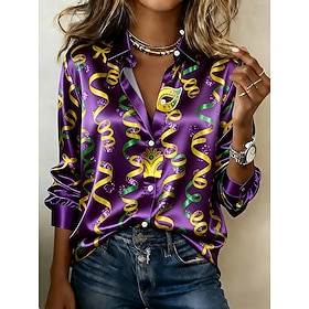 Mardi Gras Women's Shirt Graphic Geometric Abstract Vintage Stylish Modern Long Sleeve Shirt Collar Regular Tops Daily Holiday Yellow Purple Green Summer Sprin