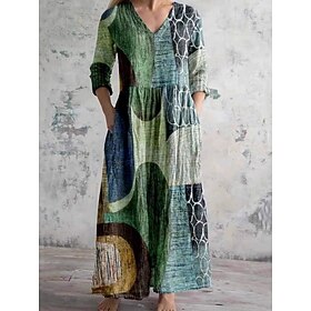 Women's Midi Dress Shirt Dress Casual Dress Boho Dress Fashion Classic Modern Daily Outdoor Vacation Regular Fit Geometric Long Sleeve V Neck Green Summer Spri