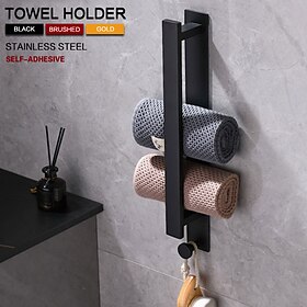 Multifunction Wall-Mounted Towel Holder with Hook โ Matte Brushed Gold 304 Stainless Steel, Self-Adhesive Bathroom Rack for Towels and Accessories