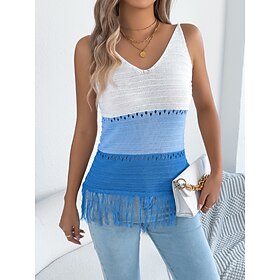 Women's Ribbed Knit Tops Tank Top Tee Top Tassel Color Block Fashion Stylish Classic Sleeveless V Neck Regular Tops Daily Going out Weekend Blue Orange Khaki S