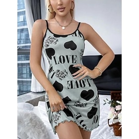 Women's Nightgown Casual Comfort Heart LOVE Daily Home Sleeveless Straps Blue Black Yellow Pink Red Summer Spring Regular Fit
