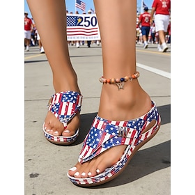 Women's Red Blue Patriotic USA Flag Wedge Sandals – Comfortable Cushioned Summer Shoes for Parades, Festivals, Walking, United States Anniversary Everyday Cas